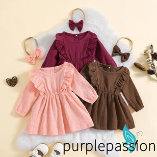 Purplepassion- ชุดเดรสแขนยาว ทรงเอ และที่คาดผม สีพื้น สําหรับเด็กผู้หญิง 2 ชิ้น