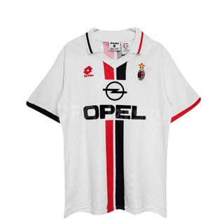 เสื้อโปโลแขนสั้น ลายทีมชาติฟุตบอลชั้นนํา AC Milan Away Jersey 1995 1996 ชุดเยือน สีขาว สไตล์เรโทร