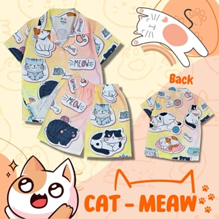 CAT0890 ชุดเด็ก เซ็ตเสื้อฮาวาย+กางเกงขาสั้น ผ้าไหมอิตาลี ลายน้องแมว น่ารักๆ เสื้อผ้าเด็ก ชุดเด็กแฟชั่น ชุดเด็กลายการ์ตูน