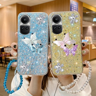 ใหม่ เคสโทรศัพท์มือถือ TPU แบบนิ่ม ลายผีเสื้อ 3D ประดับกลิตเตอร์ และโซ่คล้องมือ สําหรับ OPPO Reno 10 Pro Plus 10Pro 10Pro+ A78 A58 4G 5G Reno10 Pro 2023