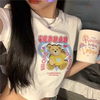 เสื้อยืดคอกลม แขนสั้น ผ้าฝ้าย แบบบาง พิมพ์ลายการ์ตูนหมีน้อยน่ารัก สุดเซ็กซี่ เหมาะกับฤดูร้อน สําหรับผู้หญิง นักเรียน YK2 [RAIN]