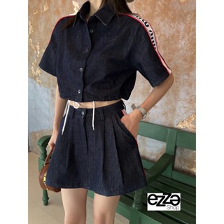 ♥ เช็คสินค้าก่อนสั่ง MIU MIU DENIM CROP SET ชนช็อป ชุดเซต ชุดเซท เกร๋ๆ ผ้ายีนส์ สีDark blue เสื้อเชิ้ต กระโปรง มิวมิว