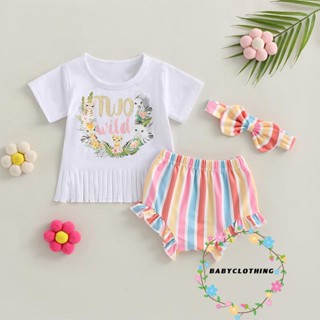 Babyclothes- เซตกางเกงขาสั้น พิมพ์ลายตัวอักษร สัตว์ แต่งพู่ พร้อมกางเกงขาสั้น ลายทาง และที่คาดผม โบว์ ฤดูร้อน สําหรับเด็ก