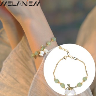 เครื่องประดับ สร้อยข้อมือ จี้หยกเทียม ประดับลูกปัดหิน สีเขียว ลายดอกไม้ สามารถปรับได้ สไตล์ฝรั่งเศส แฟชั่นวินเทจ