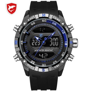 【yunhai】Silver Shell Black Strap Led Double Display Quartz Watch Casual Wrist Watch