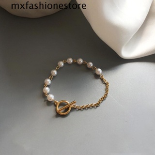 Mxfashione สร้อยข้อมือมุก เกาหลี ปรับได้ ชุบโซ่ เรขาคณิต เด็กผู้หญิง แฟชั่น เครื่องประดับ