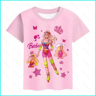 เสื้อยืด พิมพ์ลายการ์ตูนอนิเมะ Barbie Henley แฟชั่นฤดูร้อน สําหรับเด็กผู้หญิง