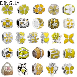 Dinglly ลูกปัด โลหะผสม สีเหลือง เคลือบดอกไม้ ลูกปัดผีเสื้อ เสน่ห์ เครื่องประดับ Diy อุปกรณ์ทํา