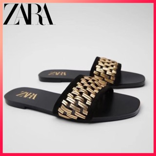 Zara ใหม่ รองเท้าแตะ สายคล้องถัก สีทอง สําหรับผู้หญิง