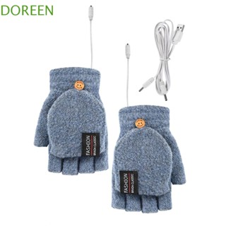 Doreen ถุงมือขับรถไฟฟ้า USB ผู้หญิง ผู้ชาย จดหมายนุ่ม ผ้าขนสัตว์ ถุงมือเล่นสกี ถุงมือกํามะหยี่ ถุงมือขับรถ ไร้นิ้ว ฤดูหนาว ถุงมือทําความร้อน