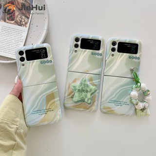 Jiehui เคสโทรศัพท์มือถือแฟชั่น ภาษาอังกฤษ สีเขียวอ่อน พร้อมสร้อยข้อมือ สีฟ้า สําหรับ Samsung Z Flip4 Z Flip3