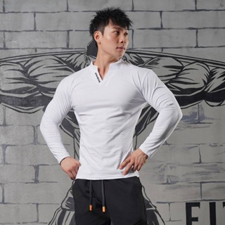 Sports and Leisure Workout Clothes Autumn and Winter Bottoming Shirt Muscle Men Running for Basketball Training T-shirt V-neck Cotton Long-Sleeved Top gRvD