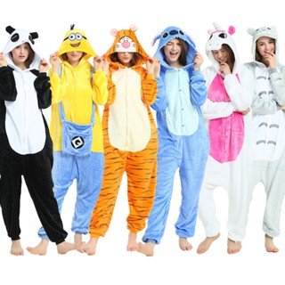 Kigurumi Stitch Tiger Totoro Pikachu ชุดนอนจั๊มสูท ลายการ์ตูนแพนด้า วัว แพนด้า สําหรับผู้หญิง และผู้ชาย