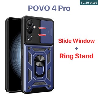 เคส TECNO POVA 4Pro 4 3 2 Neo Pro Case หน้าต่างบานเลื่อน การป้องกันกล้อง ขาตั้งแหวนโลหะ เคสแข็ง ป้องกันลายนิ้วมือ กันกระแทก