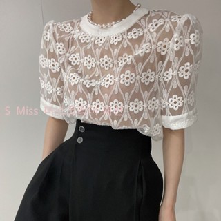 Chic Korean lace embroidery all-match short-sleeved shirt womens fashion see-through puff sleeve T-shirt top