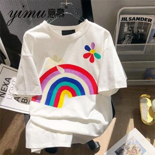 [lucky เสื้อผ้าผู้หญิง] เสื้อยืดแขนสั้น ผ้าฝ้าย 100% พิมพ์ลายสายรุ้ง ทรงหลวม สไตล์เกาหลี เหมาะกับฤดูร้อน สําหรับผู้หญิง