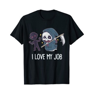 【เสื้อยืดใหม่】เสื้อผ้าผชเสื้อยืด พิมพ์ลาย Kawaii Grim Reaper I Love My Job น่ารัก สไตล์ฮาโลวีนS-5XL