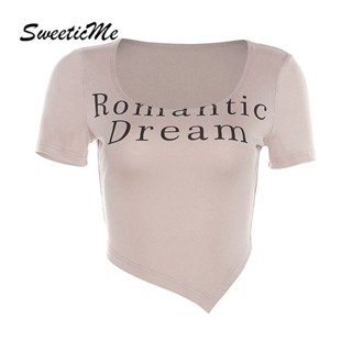 Sweeticme ใหม่ เสื้อยืดลําลอง คอกลม แขนสั้น พิมพ์ลายตัวอักษร ทรงสลิมฟิต แฟชั่นสําหรับสตรี 2023