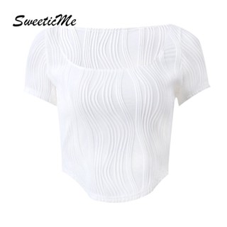 Sweeticme เสื้อยืดแขนสั้น คอยู ลายทาง สีพื้น แฟชั่นใหม่ สําหรับผู้หญิง 2023