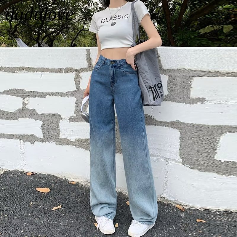 DaDulove New Korean Version of INS Blue Gradient Jeans WOMEN'S High Waist Wide Leg Pants Large Size Trousers