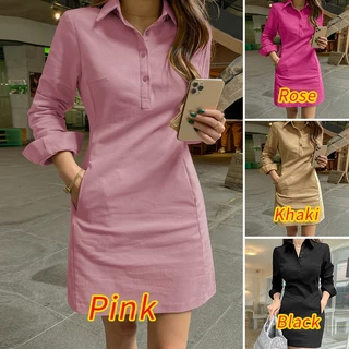 Vonda ผู้หญิง เกาหลี เสื้อเชิ้ตลําลอง คอปก แขนยาว แทรก กระเป๋าเข่าขึ้นชุด