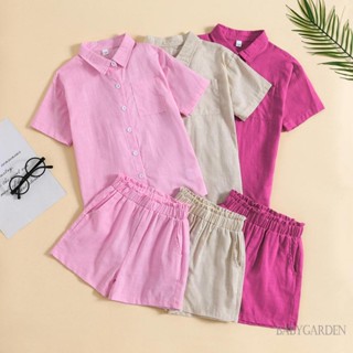 Babygarden-6-13 ปี เสื้อเชิ้ตแขนสั้น คอปก และกางเกงขาสั้น สีพื้น สําหรับเด็กผู้หญิง 2 ชิ้นชุดฤดูร้อน