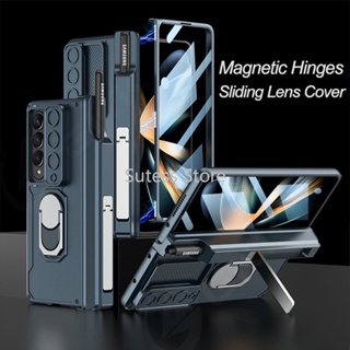 [เคสโทรศัพท์มือถือ + กระจกนิรภัย] เคสแข็ง ฝาพับแม่เหล็ก พร้อมแหวนขาตั้ง สําหรับ Samsung Galaxy Z Fold 4 3 GKK