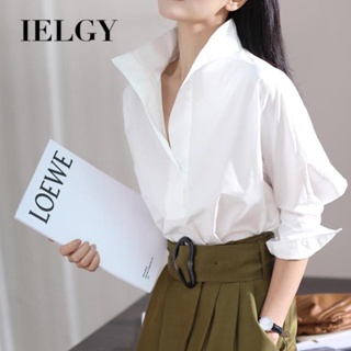 IELGY เสื้อเชิ้ต คอปกตั้ง ทรงหลวม กระดุมสีพื้น แฟชั่นสําหรับผู้หญิง