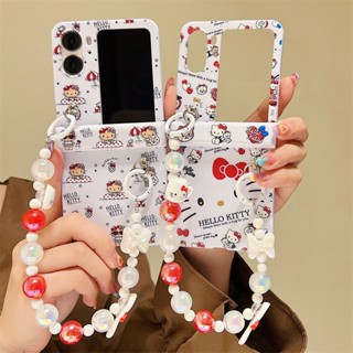 3in1 เคสโทรศัพท์มือถือ PC แข็ง กันกระแทก ลายการ์ตูนเฮลโลคิตตี้น่ารัก พร้อมสายโซ่คล้อง สีขาว สําหรับ Oppo Find N2