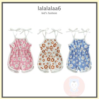 LAA6-Toddler Baby Girls Summer Sleeveless Tie Shoulder Floral Plaid Print Jumpsuit