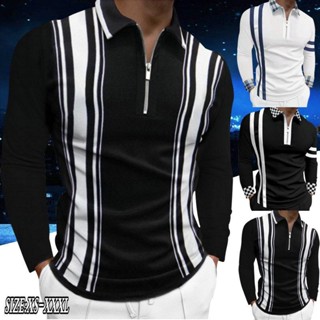ใหม่ เสื้อเชิ้ตโปโล แขนยาว ระบายอากาศ ลายทาง มีซิป เข้ารูป แฟชั่นฤดูร้อน ฤดูใบไม้ร่วง สําหรับผู้ชาย