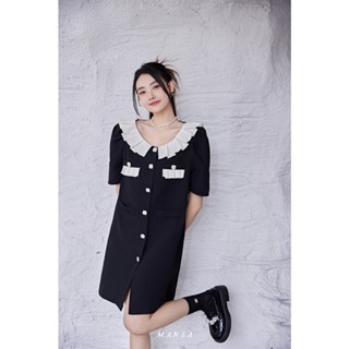 MANSA black ruffle dress เสื้อผ้าแฟชั่น เดรส เดรสยาวเกาหลี