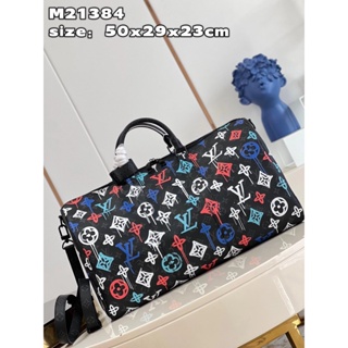 [คุณภาพสูง] L * V 21384 Graffiti Black Flower keepall 50 กระเป๋าเดินทาง กระเป๋าถือ สําหรับผู้ชาย ผู้หญิง สไตล์เดียวกัน