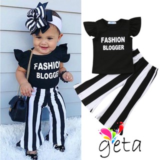 Geta- ชุดเสื้อแขนกุด คอแต่งระบาย พิมพ์ลายตัวอักษร และกระดิ่งลายทาง และกางเกงลําลอง แฟชั่นฤดูร้อน สําหรับเด็กผู้หญิง