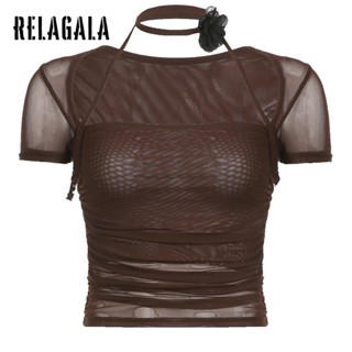 Relagala เสื้อยืดแขนสั้น คอสี่เหลี่ยม ผ้าตาข่าย จับจีบ ผ้าพันคอ สไตล์เรโทร สําหรับผู้หญิง 2023