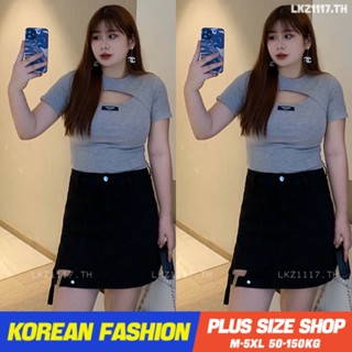 Plus size เสื้อผ้าสาวอวบ❤ เสื้อยืดสาวอวบอ้วน ไซส์ใหญ่ ผู้หญิง เสื้อยืดครอป รัดรูป แขนสั้น คอกลม ฤดูร้อน สไตล์เกาหลีแฟชั่น