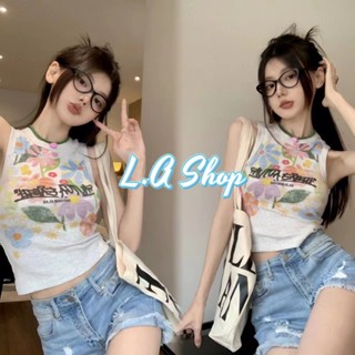 LA Shop พร้อมส่ง เสื้อกล้ามครอปสั้นไหมพรม  สีเสื้อพาสเทล ลายสกีนดอกไม้  "1A23-6" -C