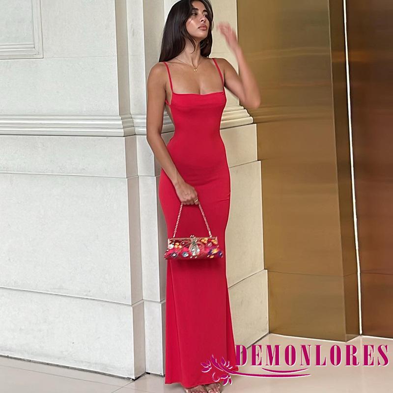 Demonlores-ผู้หญิงฤดูร้อนสีทึบแขนกุดbacklessสลิงชุดสปาเก็ตตี้slim Fit BBodyconชุดยาวสําหรับParty