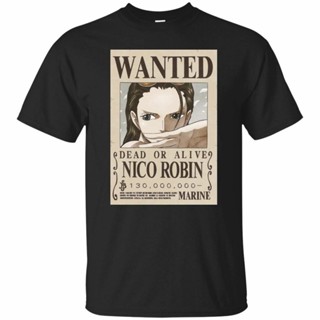 ดูดีนี่ เสื้อยืดแฟชั่นผู้ชายแขนสั้นลายการ์ตูน One Piece Nico Robins Wanted สีดํา