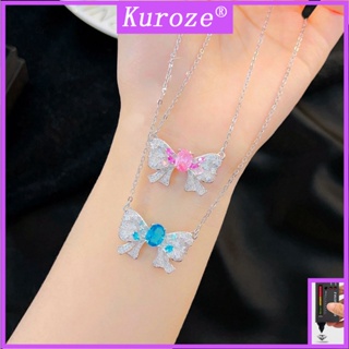 Kuroze สร้อยคอโซ่ จี้โบว์ ประดับเพชร คริสตัล สีฟ้า สีชมพู หรูหรา