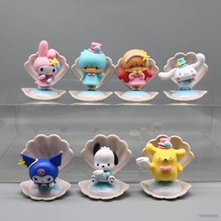 Si โมเดลฟิกเกอร์ Sanrio Kuromi Melody Cinnamoroll Pochacco Purin On Shells ของเล่นสําหรับเด็ก 7 ชิ้น