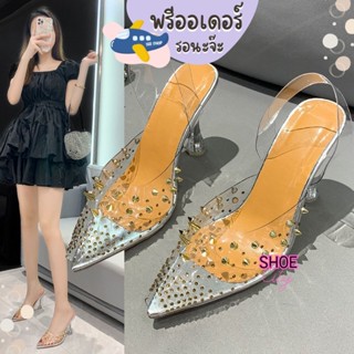 WOW รองเท้าส้นสูง 35-41 ส้น 3 นิ้ว 3.5 นิ้ว รองเท้าแก้ว สีใส ส้นใส หมุดหนาม รองเท้าผู้หญิง ขายดี ลด 50%   BB153