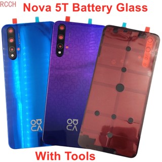 สําหรับ Huawei Nova 5T แบตเตอรี่ ฝาครอบกระจกด้านหลัง แบบแข็ง เคสแผงด้านหลัง + เลนส์กรอบกล้อง + กาวสติกเกอร์ ของแท้