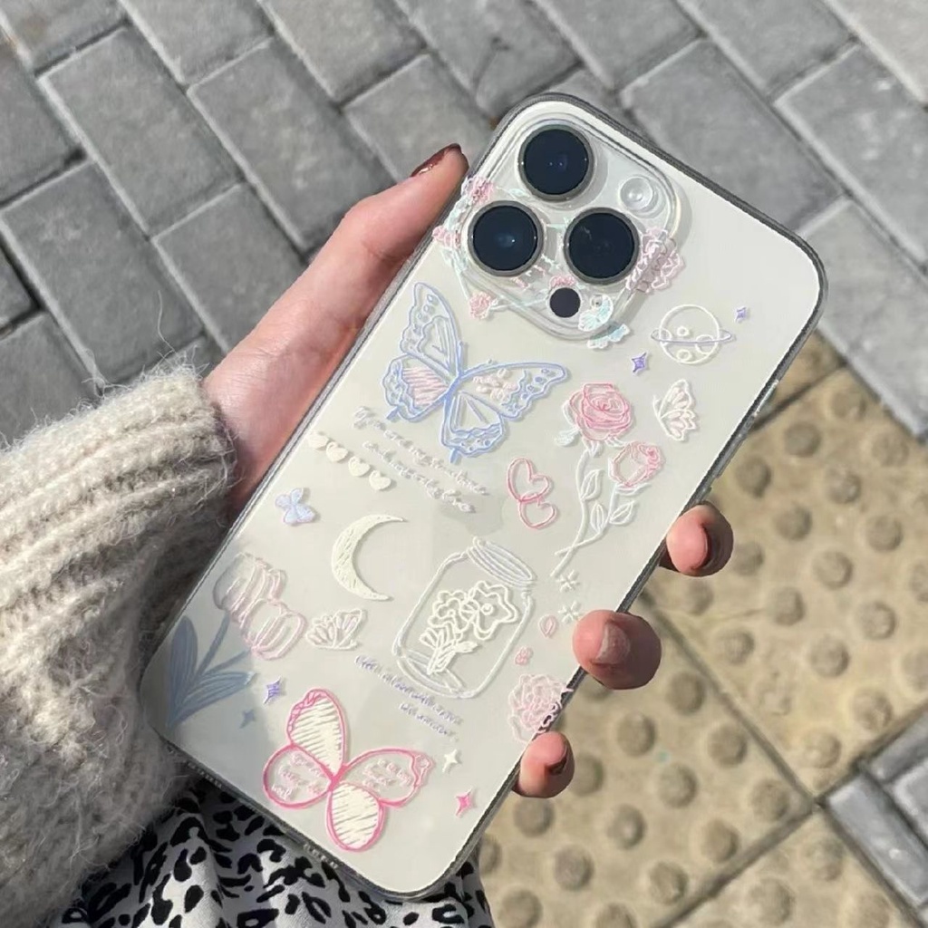 เคสโทรศัพท์มือถือ ซิลิโคนนิ่ม ใส กันกระแทก ลายดอกไม้ ผีเสื้อ ดวงจันทร์ สําหรับ iPhone 15 11 14 Pro 12 13 Mini XS Max X XR 7 8 6 6S Plus SE2020