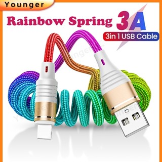 3a สายชาร์จเร็ว แบบสปริง สีรุ้ง 3 In 1 สายชาร์จเร็ว USB ทอยานพาหนะ