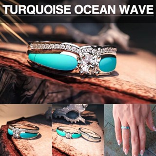 Turquoise Ocean Wave Ring Retro Zirconia Rings for Women Bohemian Jewelry