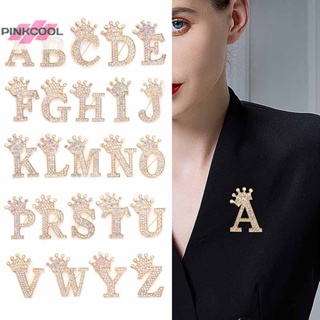 Pinkcool เข็มกลัดคริสตัล พลอยเทียม รูปมงกุฎ 26 ตัวอักษร A ถึง Z เครื่องประดับแฟชั่น สําหรับผู้หญิง งานแต่งงาน