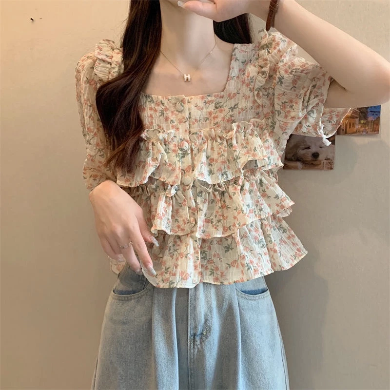 Bee เสื้อชีฟองลายดอก ปลอกคอสแควร์ แขนสั้น สไตล์เกาหลี thumbnail 5
