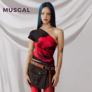 Musgal เสื้อครอปท็อป แขนสั้น พิมพ์ลายดอกกุหลาบ จับจีบ ทรงไม่สมมาตร แฟชั่นสําหรับผู้หญิง 2023