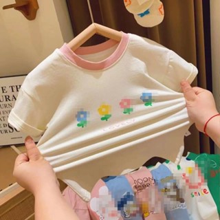 Childrens wear wholesale 90-140 2023 Summer New style girls Korean version of cute solid color short-sleeved T-shirts for primary and secondary school children